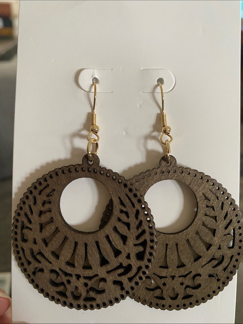 Dark Stained Wooden Carved Round Boho Earrings